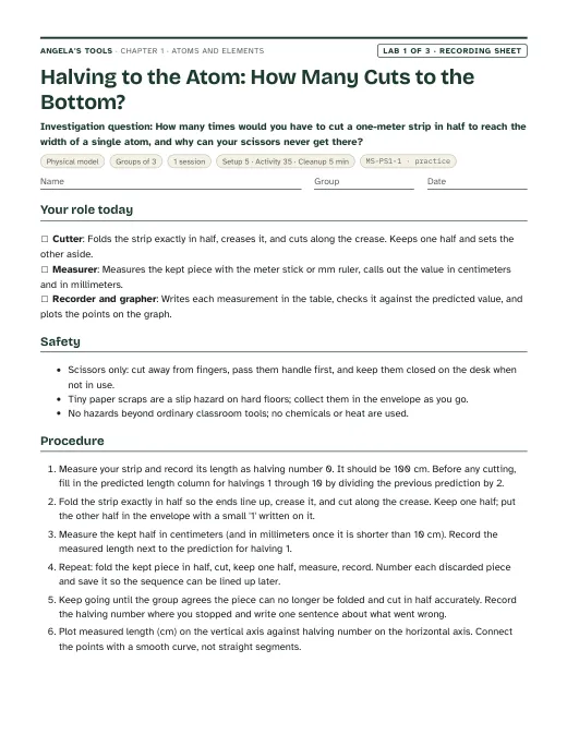 First page of the Halving to the Atom: How Many Cuts to the Bottom? recording sheet
