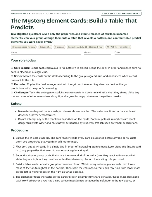 First page of the The Mystery Element Cards: Build a Table That Predicts recording sheet