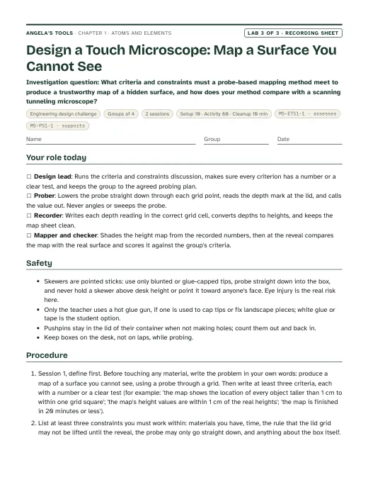 First page of the Design a Touch Microscope: Map a Surface You Cannot See recording sheet