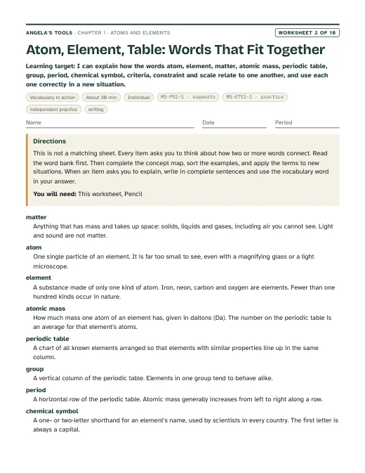 First page of Atom, Element, Table: Words That Fit Together
