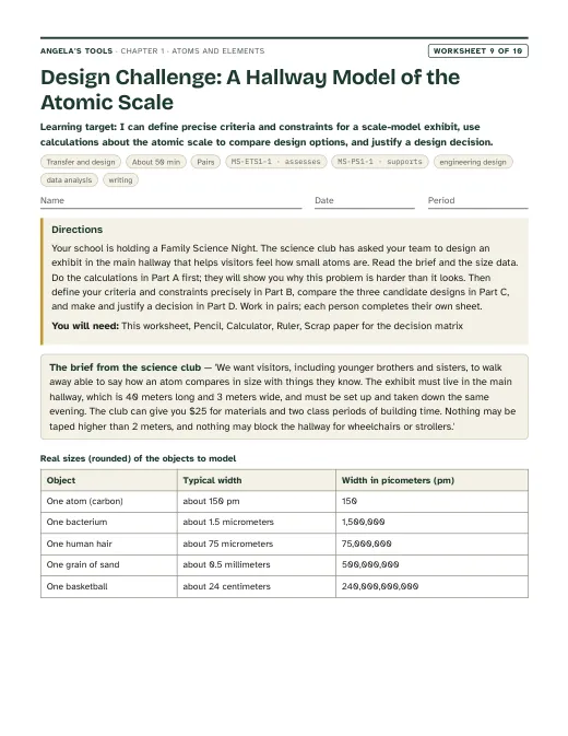 First page of Design Challenge: A Hallway Model of the Atomic Scale