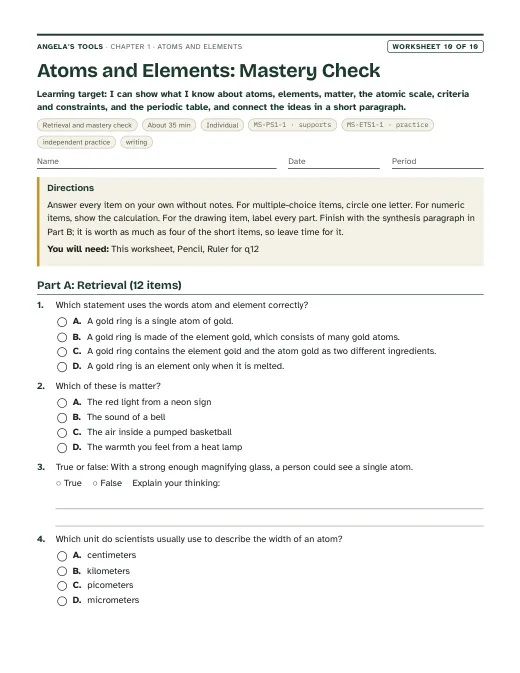 First page of Atoms and Elements: Mastery Check