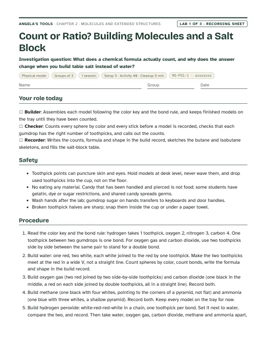 First page of the Count or Ratio? Building Molecules and a Salt Block recording sheet