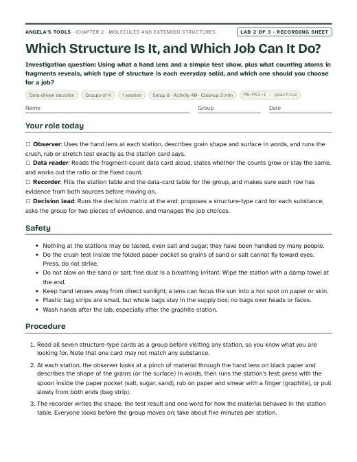 First page of the Which Structure Is It, and Which Job Can It Do? recording sheet