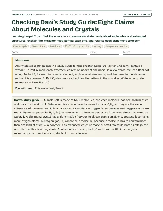 First page of Checking Dani's Study Guide: Eight Claims About Molecules and Crystals