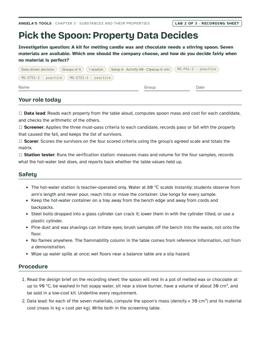 First page of the Pick the Spoon: Property Data Decides recording sheet