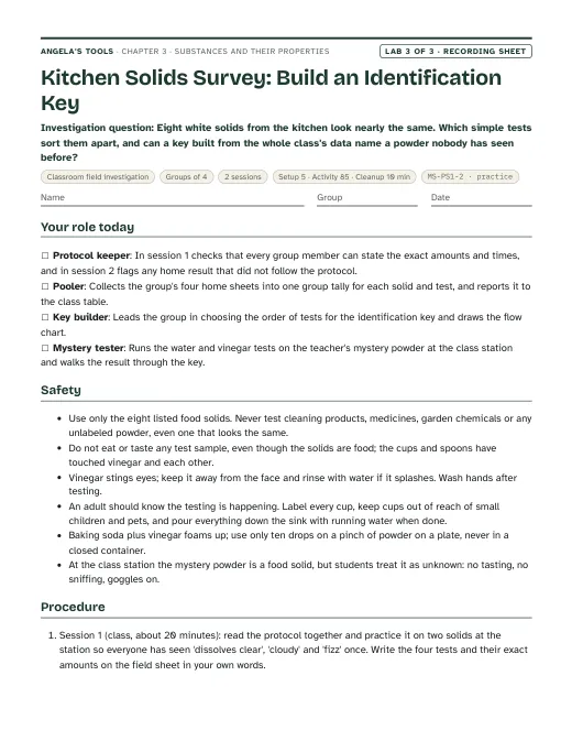First page of the Kitchen Solids Survey: Build an Identification Key recording sheet