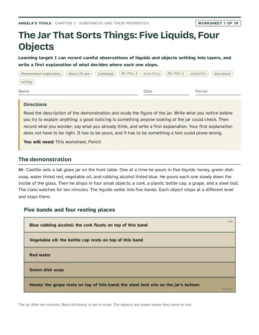 First page of The Jar That Sorts Things: Five Liquids, Four Objects