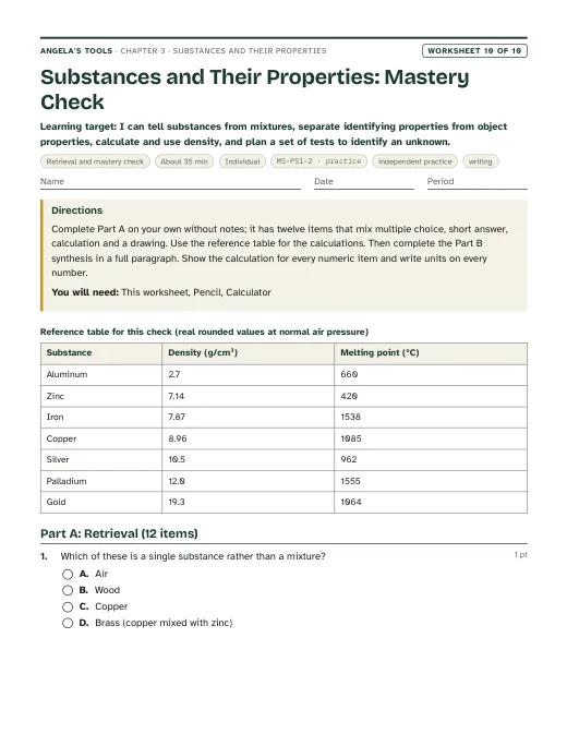 First page of Substances and Their Properties: Mastery Check