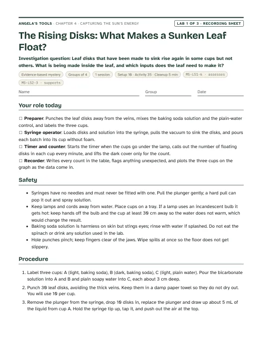 First page of the The Rising Disks: What Makes a Sunken Leaf Float? recording sheet