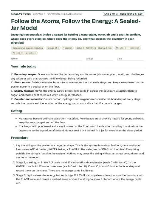 First page of the Follow the Atoms, Follow the Energy: A Sealed-Jar Model recording sheet