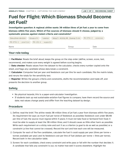 First page of the Fuel for Flight: Which Biomass Should Become Jet Fuel? recording sheet