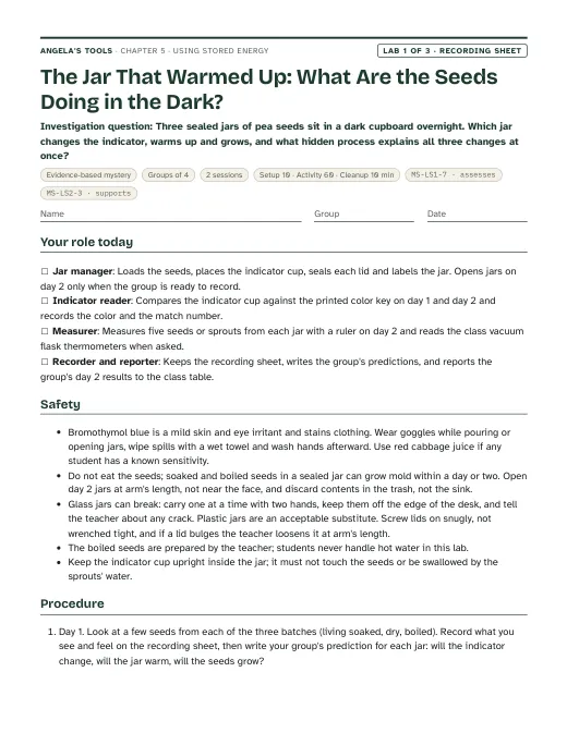 First page of the The Jar That Warmed Up: What Are the Seeds Doing in the Dark? recording sheet