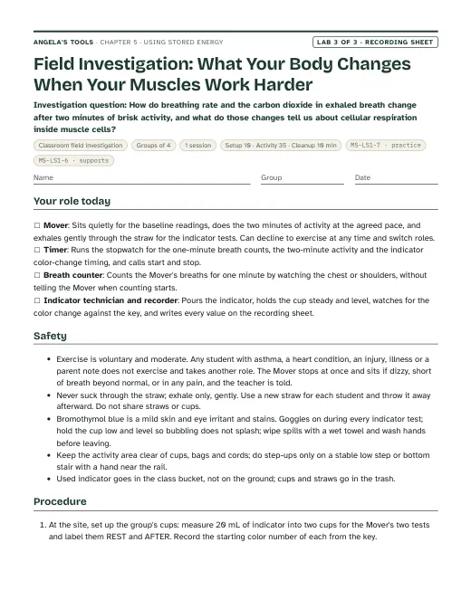 First page of the Field Investigation: What Your Body Changes When Your Muscles Work Harder recording sheet