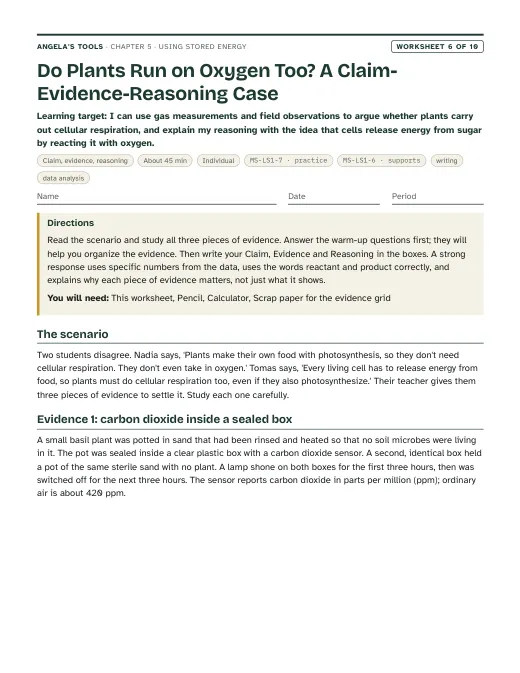 First page of Do Plants Run on Oxygen Too? A Claim-Evidence-Reasoning Case