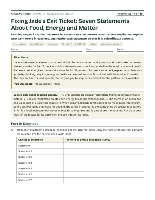 First page of Fixing Jade's Exit Ticket: Seven Statements About Food, Energy and Matter