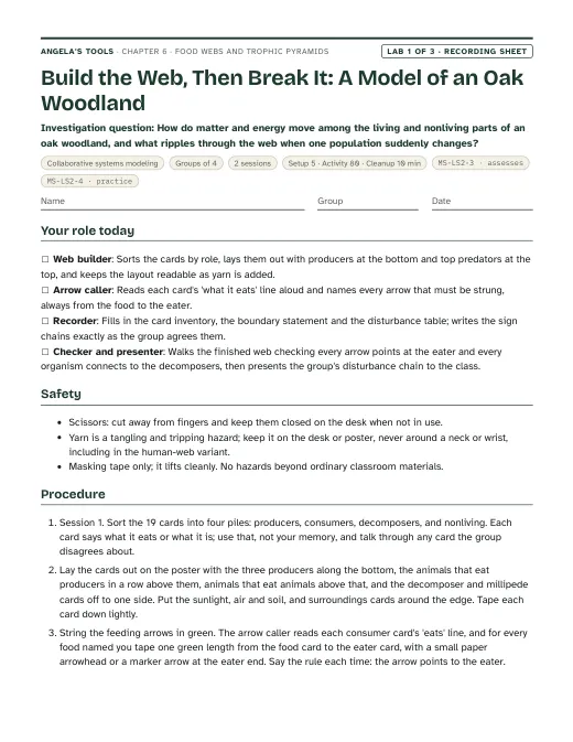 First page of the Build the Web, Then Break It: A Model of an Oak Woodland recording sheet