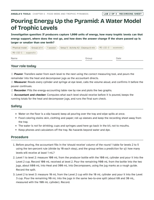 First page of the Pouring Energy Up the Pyramid: A Water Model of Trophic Levels recording sheet