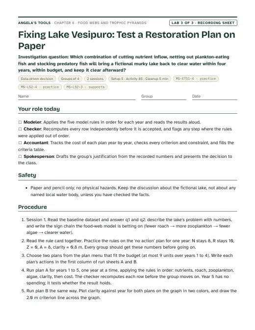 First page of the Fixing Lake Vesipuro: Test a Restoration Plan on Paper recording sheet