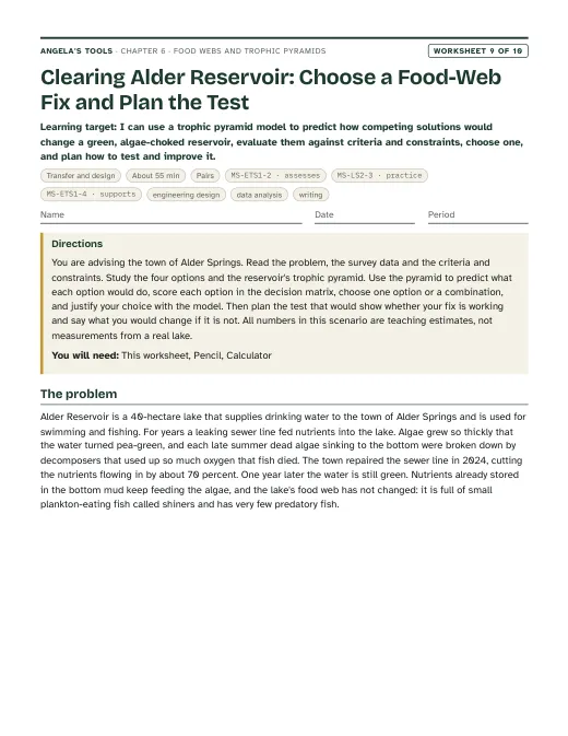 First page of Clearing Alder Reservoir: Choose a Food-Web Fix and Plan the Test