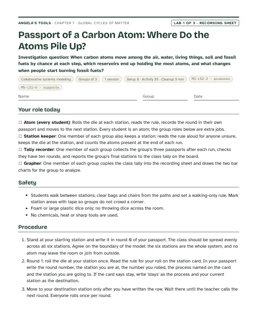 First page of the Passport of a Carbon Atom: Where Do the Atoms Pile Up? recording sheet