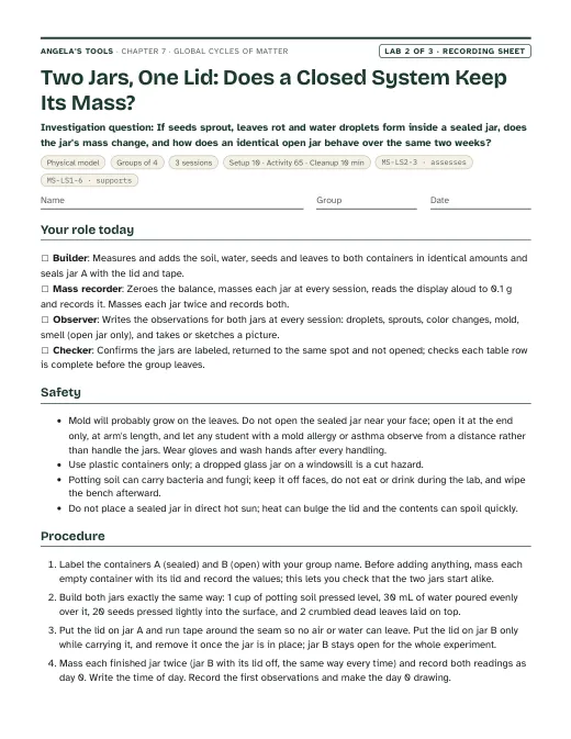 First page of the Two Jars, One Lid: Does a Closed System Keep Its Mass? recording sheet