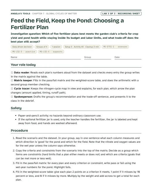 First page of the Feed the Field, Keep the Pond: Choosing a Fertilizer Plan recording sheet