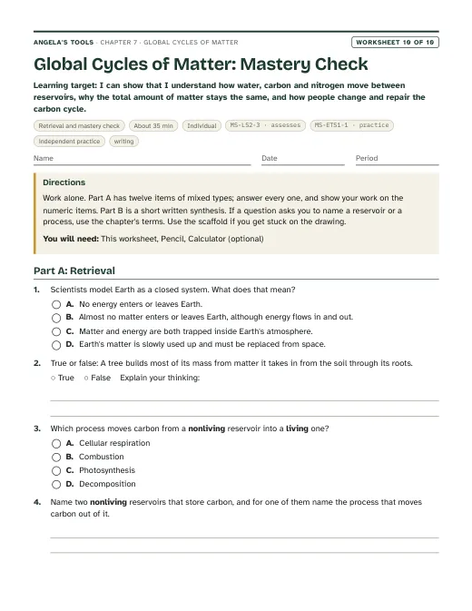 First page of Global Cycles of Matter: Mastery Check