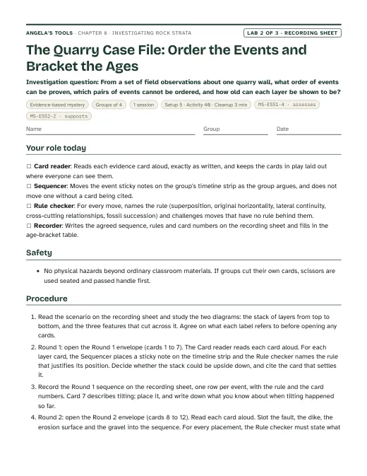 First page of the The Quarry Case File: Order the Events and Bracket the Ages recording sheet