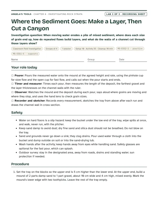 First page of the Where the Sediment Goes: Make a Layer, Then Cut a Canyon recording sheet