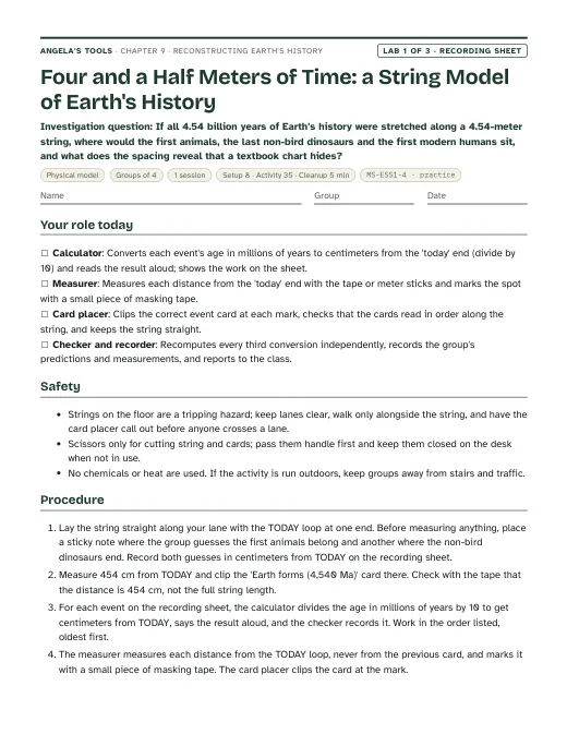 First page of the Four and a Half Meters of Time: a String Model of Earth's History recording sheet