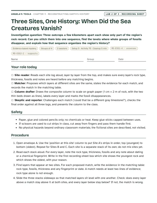 First page of the Three Sites, One History: When Did the Sea Creatures Vanish? recording sheet