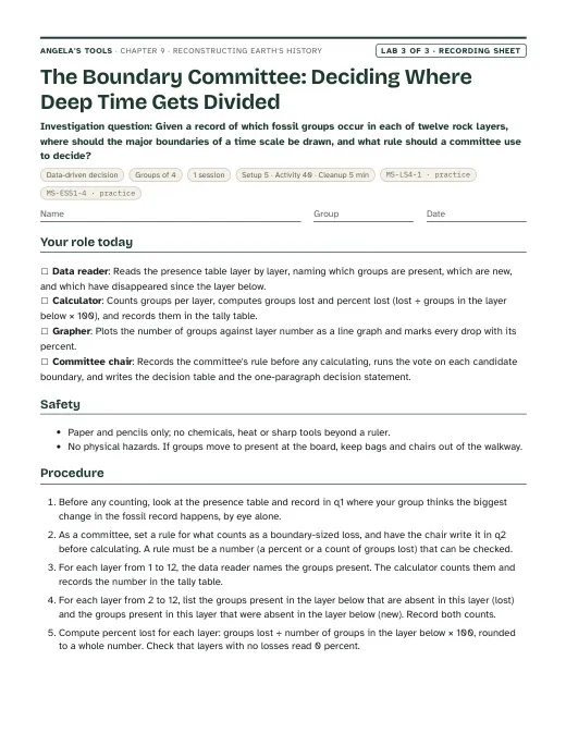 First page of the The Boundary Committee: Deciding Where Deep Time Gets Divided recording sheet