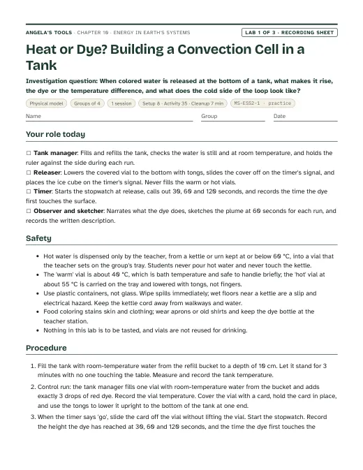 First page of the Heat or Dye? Building a Convection Cell in a Tank recording sheet