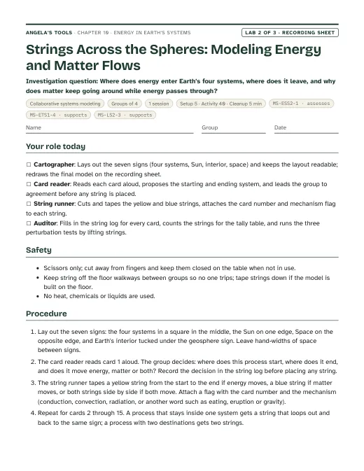 First page of the Strings Across the Spheres: Modeling Energy and Matter Flows recording sheet