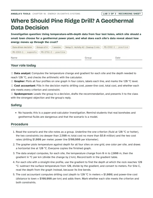 First page of the Where Should Pine Ridge Drill? A Geothermal Data Decision recording sheet
