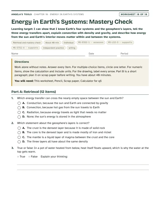 First page of Energy in Earth's Systems: Mastery Check