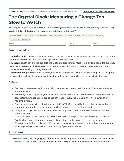 First page of the The Crystal Clock: Measuring a Change Too Slow to Watch recording sheet