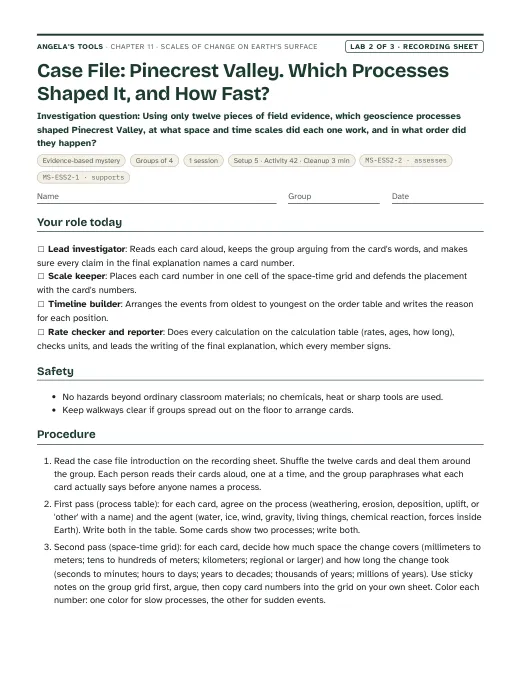 First page of the Case File: Pinecrest Valley. Which Processes Shaped It, and How Fast? recording sheet