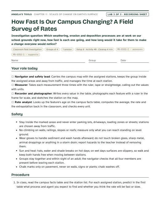 First page of the How Fast Is Our Campus Changing? A Field Survey of Rates recording sheet