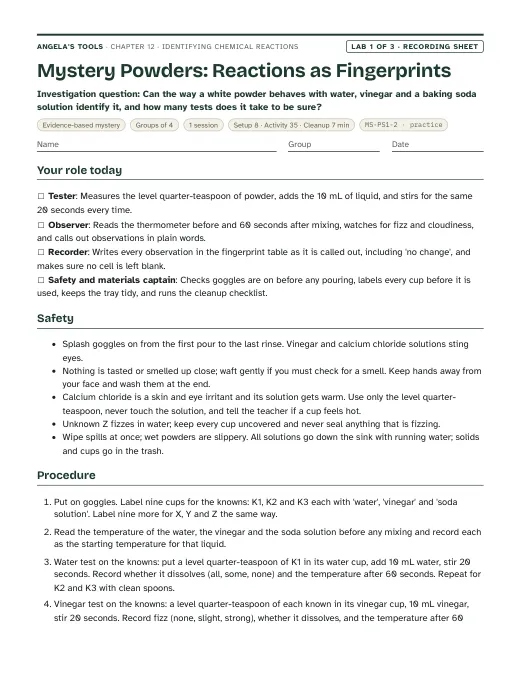 First page of the Mystery Powders: Reactions as Fingerprints recording sheet