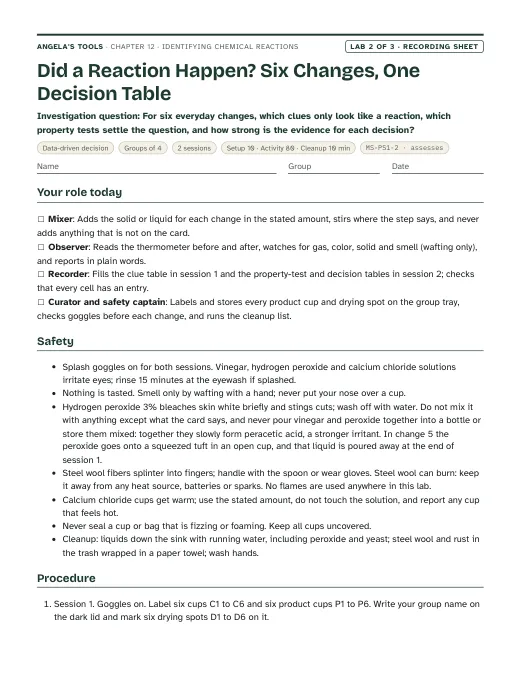 First page of the Did a Reaction Happen? Six Changes, One Decision Table recording sheet