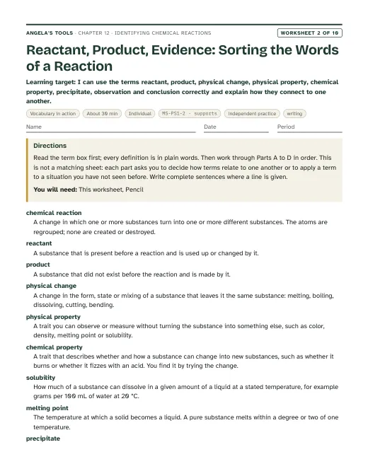 First page of Reactant, Product, Evidence: Sorting the Words of a Reaction