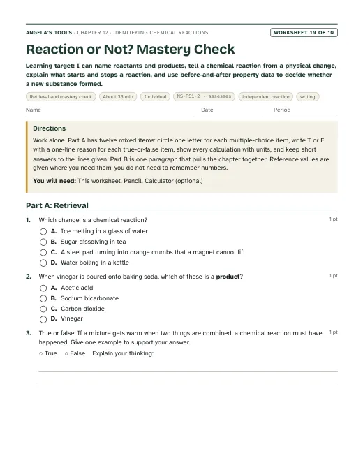 First page of Reaction or Not? Mastery Check