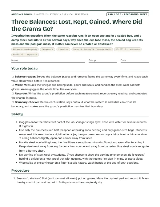 First page of the Three Balances: Lost, Kept, Gained. Where Did the Grams Go? recording sheet