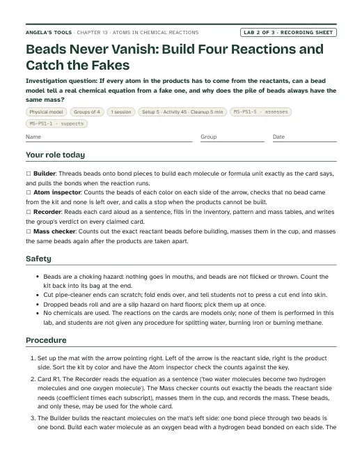 First page of the Beads Never Vanish: Build Four Reactions and Catch the Fakes recording sheet