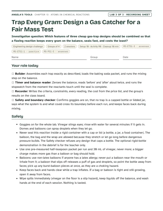 First page of the Trap Every Gram: Design a Gas Catcher for a Fair Mass Test recording sheet