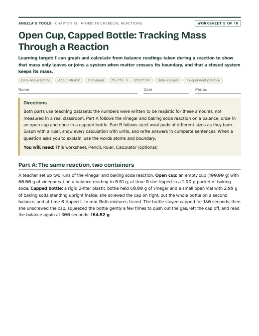 First page of Open Cup, Capped Bottle: Tracking Mass Through a Reaction
