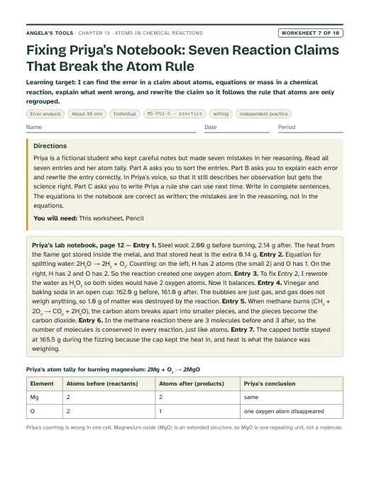 First page of Fixing Priya's Notebook: Seven Reaction Claims That Break the Atom Rule