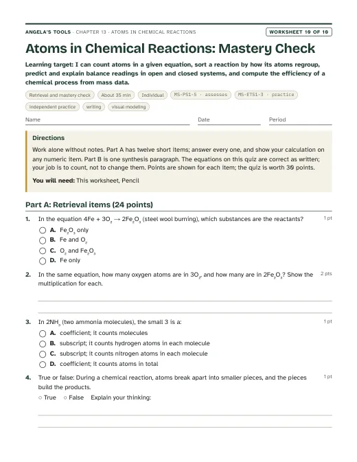 First page of Atoms in Chemical Reactions: Mastery Check